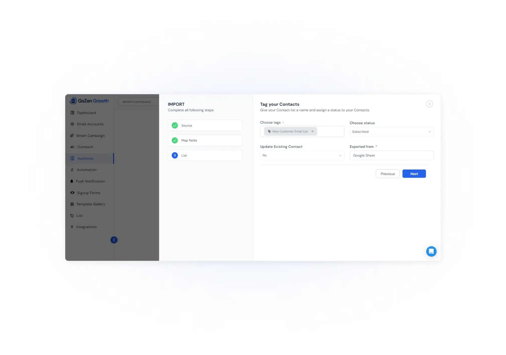 list creation section in GoZen Growth AI